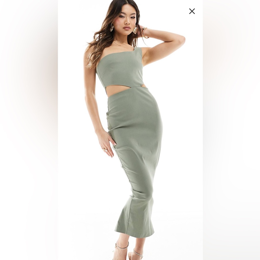 ASOS vesper one shoulder cut out midi dress olive wedding guest cocktail dress
